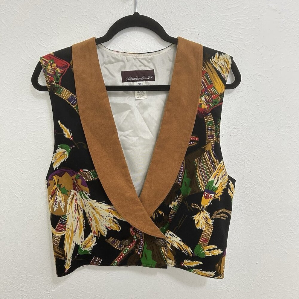 VTG Alexander Campbell Western Vest V-Neck Black Colorful Novelty Print‎ Sz 10